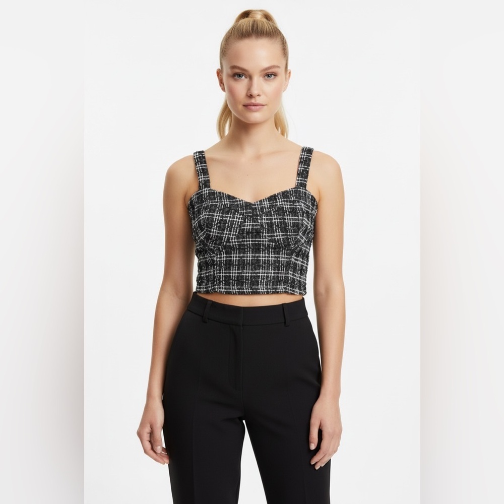 Jopna Black White Tweed Crop Top M Sleeveless Bustier Style Textured Cotto